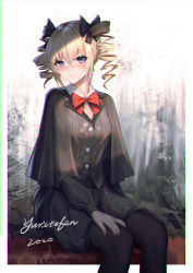 Rule 34 | 1girl, 2020, artist name, bad id, bad pixiv id, black capelet, black pantyhose, black shorts, black vest, blonde hair, blush, bow, bowtie, breasts, capelet, chromatic aberration, closed mouth, collared shirt, commentary request, dress shirt, drill hair, hair between eyes, highres, pantyhose under shorts, long sleeves, original, pantyhose, puffy long sleeves, puffy shorts, puffy sleeves, purple eyes, red bow, red bowtie, shirt, shorts, signature, sitting, small breasts, solo, twin drills, twintails, vest, white shirt, yurichtofen