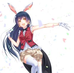 Rule 34 | 10s, 1girl, :d, animal ears, black bow, black bowtie, blue hair, bow, bowtie, center frills, clenched hand, confetti, earrings, frills, gloves, jewelry, korekara no someday, long hair, love live!, love live! school idol project, noppi (noppi 98), open mouth, outstretched hand, rabbit ears, shorts, smile, solo, sonoda umi, striped clothes, striped shorts, thighhighs, vertical-striped clothes, vertical-striped shorts, waist cape, white gloves, white thighhighs, yellow eyes