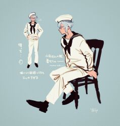 1boy ake_karashi azul_ashengrotto black_sailor_collar blue_background chair commentary_request full_body glasses grey_hair highres male_focus multiple_views sailor sailor_collar short_hair simple_background sitting twisted_wonderland