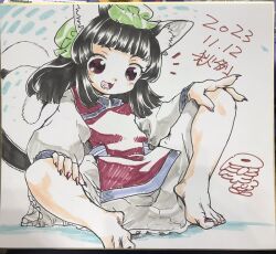 Rule 34 | 1girl, :d, animal ear fluff, animal ears, bare legs, barefoot, black hair, blunt bangs, brown eyes, cat ears, cat girl, cat tail, chen, commentary request, dated, dress, fangs, fingernails, flat chest, foul detective satori, hand on knees, highres, long hair, long sleeves, looking down, lower teeth only, nail polish, open mouth, petite, puffy long sleeves, puffy sleeves, raino, red nails, red tabard, sharp fingernails, sitting, smile, solo, spread legs, tabard, tail, teeth, toenail polish, toenails, touhou, traditional media, white dress