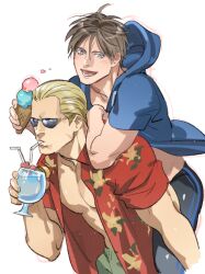 Rule 34 | 2boys, bara, black male swimwear, blonde hair, blue eyes, blue jacket, brown hair, cup, curtained hair, drinking, drinking straw, food, green male swimwear, hawaiian shirt, holding, holding cup, holding food, hood, hood down, hooded jacket, ice cream, ice cream cone, jack krauser, jacket, large pectorals, legskin, leon s. kennedy, male focus, male swimwear, multiple boys, muscular, muscular male, open clothes, open jacket, open mouth, open shirt, pectorals, red shirt, resident evil, resident evil 4, resident evil 4 (remake), shirt, short hair, simple background, smile, sunglasses, tatsumi (psmhbpiuczn), white background