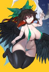 Rule 34 | 1girl, absurdres, alternate costume, areolae, arm up, bangs, bare shoulders, belt collar, black collar, black legwear, black wings, bow, breasts, brown hair, cleavage, collar, collarbone, covered erect nipples, crescent moon, curvy, elbow gloves, feathered wings, full body, gloves, green bow, green swimsuit, groin, hair between eyes, hair bow, halterneck, highres, index finger raised, knees together feet apart, large breasts, legs up, long hair, looking at viewer, mikomo0106, moon, multicolored hair, navel, one-piece swimsuit, red eyes, red hair, reiuji utsuho, sidelocks, sky, slingshot swimsuit, smile, solo, star (sky), starry sky, stomach, strap gap, swimsuit, thick thighs, thighhighs, thighs, touhou, two-tone background, two-tone hair, white gloves, wings, yellow background