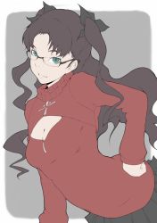 Rule 34 | 1girl, black hair, fate/stay night, fate (series), glasses, hand on own hip, ina (gokihoihoi), long hair, meme attire, open-chest sweater, simple background, skirt, solo, sweater, tohsaka rin, twintails, two side up