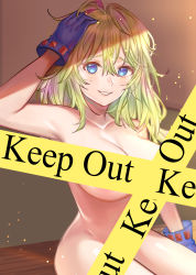 Rule 34 | 1girl, absurdres, blonde hair, blue eyes, boku no hero academia, breasts, caution tape, commentary, completely nude, convenient censoring, couch, gloves, green hair, hagakure tooru, hand on own head, highres, keep out, large breasts, long hair, looking at viewer, medium hair, messy hair, nude, open mouth, sitting, smile, solo, unusually visible, zudko