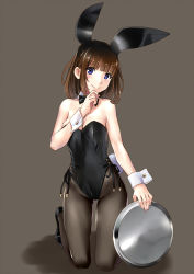 Rule 34 | 1girl, animal ears, bare shoulders, black pantyhose, blue eyes, blunt bangs, blush, bow, bowtie, breasts, brown hair, cleavage, closed mouth, detached collar, fake animal ears, full body, gluteal fold, hairband, hand to own mouth, high heels, katahira masashi, kneeling, leotard, looking at viewer, medium breasts, medium hair, original, pantyhose, playboy bunny, rabbit ears, rabbit tail, short hair, side-tie leotard, simple background, smile, solo, tail, tray, wrist cuffs