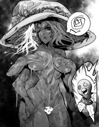 Rule 34 | 1boy, 1girl, angry, censored, completely nude, elden ring, from software, hands on breasts, happy, hat, heart, heart censor, helmet, highres, long hair, looking at viewer, monochrome, mr.way, multiple arms, nude, one eye closed, open mouth, ranni the witch, smile, speech bubble, witch, witch hat