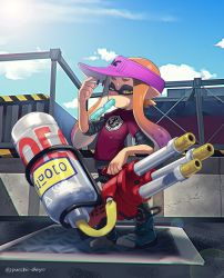 Rule 34 | 1girl, anchor symbol, black shorts, blue footwear, boots, cloud, cloudy sky, day, food, full body, hat, highres, holding, holding weapon, hydra splatling (splatoon), inkling, inkling (language), inkling girl, inkling player character, layered clothes, layered sleeves, lens flare, long hair, long sleeves, looking at viewer, nintendo, one eye closed, orange eyes, orange hair, outdoors, pointy ears, popsicle, print shirt, puchiman, purple hat, purple shirt, shirt, short over long sleeves, short sleeves, shorts, sky, sleeves rolled up, solo, splatoon (series), splatoon 1, standing, sweat, tentacle hair, tupet, twitter username, visor cap, weapon