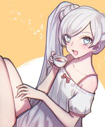Rule 34 | 1girl, artist name, bad id, bad twitter id, blue eyes, blush, bowl, coffee, cup, ecru, long hair, music, musical note, open mouth, ponytail, rwby, scar, scar across eye, scar on face, singing, solo, teacup, twitter username, weiss schnee, white hair