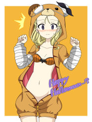 Rule 34 | 1girl, ^^^, animal hood, assam (girls und panzer), bandages, bat ornament, bear hood, blonde hair, blue eyes, blush, boko (girls und panzer), bra, breasts, brown jumpsuit, closed mouth, commentary, cowboy shot, embarrassed, english text, frown, girls und panzer, groin, hair pulled back, halloween, halloween costume, happy halloween, highres, hood, hood up, hooded jumpsuit, ichinose jun, jumpsuit, long hair, long sleeves, looking at viewer, navel, orange background, orange bra, outside border, short jumpsuit, small breasts, solo, standing, sweatdrop, underwear, unzipped, w arms
