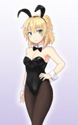Rule 34 | 1girl, alternate costume, animal ears, bare shoulders, black bow, black bowtie, black leotard, black pantyhose, blonde hair, blush, bow, bowtie, breasts, cleavage, closed mouth, commentary request, detached collar, expressionless, fake animal ears, feet out of frame, green eyes, half updo, hand on own hip, isaki (gomi), leotard, looking at viewer, medium breasts, medium hair, mizuhashi parsee, pantyhose, playboy bunny, pointy ears, rabbit ears, short ponytail, solo, strapless, strapless leotard, touhou, wrist cuffs
