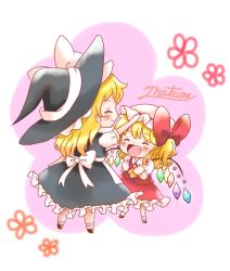 Rule 34 | 2girls, :d, ^ ^, ascot, bad id, bad twitter id, blonde hair, blush, blush stickers, bow, chibi, closed eyes, dress, closed eyes, fang, fist pump, flandre scarlet, hair bow, happy, hat, height difference, kirisame marisa, mob cap, multiple girls, natsune ilasuto, open mouth, headpat, side ponytail, signature, skirt, skirt set, smile, touhou, vest, wings, witch hat