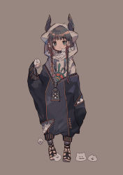 Rule 34 | 1girl, baggy clothes, brown background, brown hair, clothing request, commentary request, copyright request, frown, green eyes, highres, hood, hoodie, horns, jikuno, long hair, looking at viewer, shoes, simple background, solo, tagme, twintails, zipper