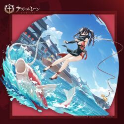 Rule 34 | 1girl, architecture, azur lane, black hair, boat, carp, covered mouth, east asian architecture, fishing rod, highres, manjuu (azur lane), multicolored hair, official alternate costume, official art, promotional art, red eyes, river, scarf, scarf over mouth, two-tone hair, u-47 (azur lane), u-47 (hook line and sinker) (azur lane), watercraft, white hair