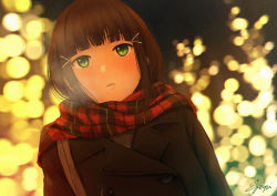 Rule 34 | 1girl, backlighting, bad id, bad pixiv id, bag, black coat, blunt bangs, blurry, blush, bokeh, breath, buttons, coat, depth of field, double-breasted, dutch angle, enpera, from below, hair ornament, hairclip, kurosawa dia, lips, long hair, love live!, love live! sunshine!!, outdoors, papi (papiron100), parted lips, plaid, plaid scarf, red scarf, scarf, shoulder bag, signature, solo, upper body, winter, winter clothes, winter coat