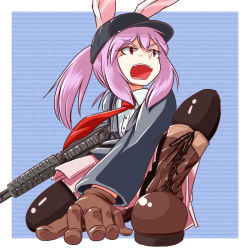 Rule 34 | 1girl, animal ears, assault rifle, boots, gloves, gun, hat, kys (k-k2), long hair, m4 carbine, necktie, purple hair, rabbit ears, red eyes, red necktie, reisen udongein inaba, rifle, skirt, solo, thighhighs, touhou, weapon