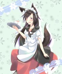 Rule 34 | 1girl, alternate costume, animal ears, aranagi (arng 4401), blush, breasts, brooch, brown hair, cup, dress, embarrassed, enmaided, fang, imaizumi kagerou, jewelry, long sleeves, maid, maid headdress, open mouth, red eyes, solo, tail, tea, teacup, touhou, wide sleeves, wolf ears, wolf tail
