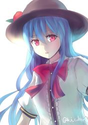 Rule 34 | 1girl, backlighting, black hat, bloom, blouse, blue hair, bow, bowtie, buttons, culter, dress shirt, food, frills, fruit, hat, hinanawi tenshi, leaf, long hair, looking at viewer, one-hour drawing challenge, parted lips, peach, puffy short sleeves, puffy sleeves, red bow, red bowtie, red eyes, shirt, short sleeves, solo, touhou, twitter username, upper body, white shirt, wing collar