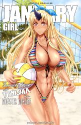 Rule 34 | 1girl, 2018, abs, ball, beach, beach volleyball, beachball, bikini, breasts, cleavage, cover, english text, fake cover, highres, holding, holding ball, horns, january, jewelry, krabbytheartist, large breasts, long hair, looking at viewer, magazine cover, monster girl, monster musume no iru nichijou, muscular, muscular female, ogre, palm tree, pendant, playing sports, red eyes, sand, sideboob, single horn, sky, swimsuit, tionishia, toned, tree, volleyball, volleyball (object), volleyball net