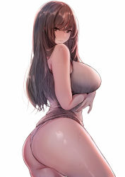 Rule 34 | 1girl, amane ruri, arms under breasts, ass, blush, breasts, brown eyes, brown hair, closed mouth, cowboy shot, from behind, highres, large breasts, looking at viewer, looking to the side, no pants, original, panties, simple background, sleeveless, smile, solo, sweat, tank top, underwear, white background, white panties