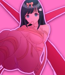Rule 34 | 1girl, absurdres, amano nene (vtuber), angel, arms behind back, ass, blue eyes, blue hair, breasts, fekahaj, heart, heart-shaped pupils, highres, large breasts, legs, legs up, long hair, looking at viewer, naked ribbon, nude, outline, panties, pink background, production kawaii, ribbon, sitting, symbol-shaped pupils, thighs, underwear, virtual youtuber, white outline