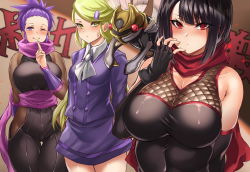 Rule 34 | 3girls, ;), ace trainer (pokemon), bare shoulders, black gloves, blush, bodysuit, bodysuit under clothes, breasts, character request, closed mouth, cowboy shot, creatures (company), fingerless gloves, game freak, gen 3 pokemon, gloves, hair ornament, hikari (komitiookami), impossible clothes, janine (pokemon), large breasts, long hair, looking at viewer, multiple girls, ninja, ninjask, nintendo, one eye closed, original, pokemon, pokemon (creature), pokemon hgss, pokemon xy, sash, scarf, shirt, short hair, skirt, skirt set, smile, taut clothes, taut shirt, virtual youtuber