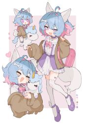 Rule 34 | 1girl, ^ ^, ahoge, animal collar, animal ears, ankle wings, backpack, bag, blue hair, bone hair ornament, border, bow, bowtie, bright pupils, brown cardigan, cardigan, cat ears, cat girl, cat tail, closed eyes, collar, color guide, commission, cropped torso, fang, frilled shirt, frilled skirt, frills, full body, hair intakes, hair ornament, heart, hikimayu, holding, holding stuffed toy, kasa (hitori sanka), looking at viewer, multicolored hair, multiple views, one side up, open cardigan, open clothes, open mouth, original, outside border, pendant collar, pink background, pink bow, pink bowtie, pink hair, purple collar, purple eyes, purple footwear, purple skirt, riding, shirt, shoes, simple background, skeb commission, skirt, standing, standing on one leg, stuffed toy, stuffed unicorn, suspender skirt, suspenders, tail, thighhighs, two-tone hair, upper body, white border, white pupils, white shirt, white skirt, white thighhighs, wings