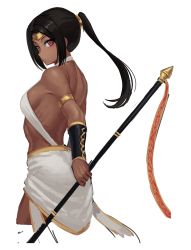 Rule 34 | 1girl, arm guards, armlet, armpits, bare back, bare shoulders, black hair, bracer, breasts, closed mouth, dark skin, dark-skinned female, forehead protector, from behind, holding, long hair, looking at viewer, looking back, medium breasts, original, ponytail, ranma (kamenrideroz), red eyes, revealing clothes, sideboob, sidelocks, simple background, skirt, solo, white background, white skirt