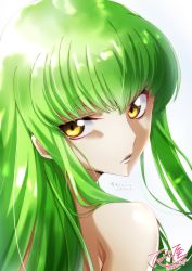 Rule 34 | 1girl, absurdres, bare shoulders, c.c., code geass, floating hair, green hair, hair between eyes, highres, long hair, looking at viewer, looking back, nakoya (nane cat), nude, open mouth, portrait, shiny skin, signature, simple background, solo, twitter username, white background, yellow eyes