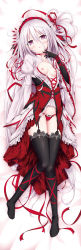 Rule 34 | 1girl, absurdly long hair, absurdres, bed sheet, black gloves, black thighhighs, bow, bow panties, breasts, cleavage, cura, dakimakura (medium), dress, elbow gloves, from above, full body, garter straps, gloves, gothic delusion, hair ornament, hair ribbon, hairband, headdress, highres, long hair, lying, nipples, on back, panties, parted lips, purple eyes, red hairband, red panties, red ribbon, ribbon, silver hair, small breasts, solo, thighhighs, underwear, very long hair