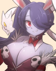 Rule 34 | 1girl, animal ears, bare shoulders, blue skin, bow, bowtie, breasts, cleavage, colored skin, fake animal ears, hair over one eye, highres, large breasts, looking at viewer, omiza somi, playboy bunny, purple hair, rabbit ears, red eyes, skullgirls, smile, solo, squigly (skullgirls), stitched mouth, stitches, striped, striped sleeves, upper body, zombie