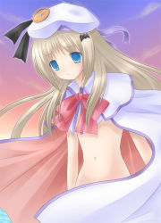 Rule 34 | 1girl, 6u (eternal land), blue eyes, bow, buttons, cape, hat, kiyu, large buttons, little busters!, long hair, naked cape, noumi kudryavka, nude, pink bow, silver hair, solo