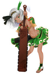 Rule 34 | 1girl, absurdres, asatsuki (cookie), aztec, bob cut, capelet, commentary request, cookie (touhou), dark skin, feather hair ornament, feathers, full body, green eyes, green shirt, green skirt, grey hair, hair ornament, hair ribbon, highres, holding, holding sword, holding weapon, konpaku youmu, macuahuitl, midriff, navel, nicoseiga69951161, parted lips, ribbon, sandals, shirt, short hair, skirt, solo, standing, sword, toes, touhou, weapon