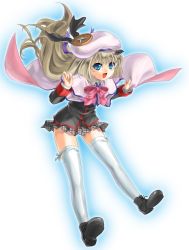 Rule 34 | 1girl, :d, bad id, bad pixiv id, bat hair ornament, beret, blonde hair, blue eyes, boots, bow, buttons, cape, fang, geroro, hair ornament, hairclip, hat, large buttons, legs, little busters!, long hair, looking at viewer, noumi kudryavka, open mouth, pink bow, plaid, plaid skirt, skirt, smile, solo, thighhighs, white thighhighs