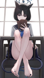 1girl absurdres animal_ears aoi_riko barefoot black_eyes black_hair black_halo black_nails blue_archive blush book censored halo highres holding holding_book kikyou_(blue_archive) nail_polish school_uniform serafuku short_hair solo toenail_polish toenails