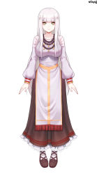 Rule 34 | 1girl, absurdres, black skirt, breasts, character request, copyright request, dress, gesugao, grey hair, highres, jewelry, lace trim, long hair, long sleeves, looking at viewer, medium breasts, necklace, ninai, nun, puffy sleeves, shoes, skirt, virtual youtuber, white background, white dress, white hair, white legwear, white skirt, yellow eyes