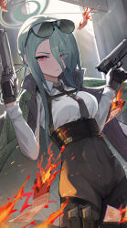 Rule 34 | 1girl, black gloves, black necktie, blue archive, braided hair rings, breasts, burning, chest harness, closed mouth, coat, coat on shoulders, collared shirt, commentary, covered navel, day, dutch angle, emollllno, eyes visible through hair, eyewear on head, gloves, green hair, gun, hair over one eye, halo, handgun, hands up, harness, high-waist pants, highres, holding, holding gun, holding weapon, holster, long hair, long sleeves, looking at viewer, medium breasts, mina (blue archive), necktie, outdoors, pants, pinstripe pattern, red eyes, shirt, solo, striped, striped coat, sunglasses, thigh holster, vertical-striped coat, weapon, white shirt
