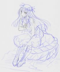 Rule 34 | 1girl, bare shoulders, boots, breasts, cleavage, cross-laced footwear, dress, female focus, food, fruit, hat, hinanawi tenshi, kasuga yukihito, knee boots, lace-up boots, long hair, monochrome, peach, sitting, sketch, solo, touhou, traditional media