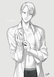 Rule 34 | 1boy, amg (nwmnmllf), artist name, character name, collared shirt, greyscale, male focus, monochrome, open clothes, open shirt, shirt, smile, solo, viktor nikiforov, yuri!!! on ice