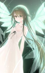 1girl absurdres bare_shoulders blush breasts dress green_eyes green_hair hair_flaps highres hiruchii_(hiruruchyan) light_particles long_hair looking_at_viewer parted_lips saya_(saya_no_uta) saya_no_uta small_breasts solo very_long_hair white_dress wings