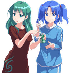 Rule 34 | 2girls, adapted costume, alternate hairstyle, aqua eyes, blue eyes, blue hair, can, contemporary, drink, drinking straw, eno (whiskeyne), female focus, green hair, hair bobbles, hair down, hair ornament, holding, kagiyama hina, kawashiro nitori, long hair, long sleeves, multiple girls, no headwear, open mouth, pajamas, short sleeves, simple background, touhou, twintails, two side up, white background
