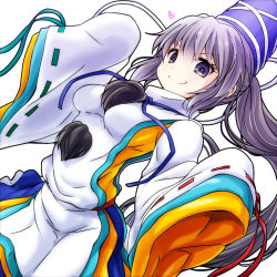 Rule 34 | &gt;:), 1girl, blue eyes, breasts, c:, closed mouth, grey hair, hair between eyes, hat, heart, impossible clothes, japanese clothes, kariginu, long hair, long sleeves, medium breasts, mononobe no futo, ponytail, ribbon-trimmed sleeves, ribbon trim, simple background, sleeves past wrists, smile, solo, tate eboshi, touhou, upper body, v-shaped eyebrows, very long hair, watarui, white background, wide sleeves