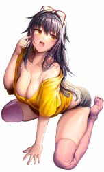 Rule 34 | 1girl, absurdres, arm support, bare shoulders, black shorts, breasts, cleavage, eyewear on head, finger to cheek, gibagiba, highres, kneeling, large breasts, mole, mole under eye, off shoulder, open mouth, original, purple hair, shirt, short shorts, shorts, tears, thighhighs, thighs, yellow eyes, yellow shirt