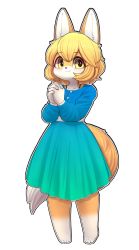 Rule 34 | 1girl, animal ears, blue dress, blush, bra strap, brown eyes, brown hair, closed mouth, collarbone, dress, fox ears, fox girl, fox tail, furry, furry female, highres, jupiter europe, looking at viewer, original, own hands clasped, own hands together, short hair, smile, solo, tail