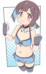 Rule 34 | 1girl, bare arms, bare shoulders, black choker, black thighhighs, blue hair, blue shorts, blunt bangs, blunt ends, blush stickers, bow, bowtie, brown eyes, brown hair, choker, clenched hands, commentary, crop top, cropped legs, fingerless gloves, flat chest, gloves, groin, highres, hozuki momiji, looking at viewer, midriff, multicolored hair, navel, noyama takenoko, onii-chan wa oshimai!, short hair, short ponytail, short shorts, shorts, simple background, smile, solo, thighhighs, two-tone hair, white bow, white bowtie