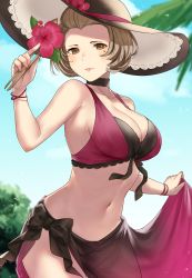 Rule 34 | 1girl, absurdres, alternate costume, bikini, bow, breasts, brown eyes, brown hair, choker, cleavage, clothes lift, commission, commissioner upload, cosplay, dorothea arnault, dorothea arnault (cosplay), eyeshadow, female focus, fire emblem, fire emblem: three houses, fire emblem heroes, flower, haru (nakajou-28), hat, hat flower, highres, large breasts, looking at viewer, makeup, manuela casagranda, matching hair/eyes, md5 mismatch, midriff, mole, mole under eye, navel, nintendo, resolution mismatch, sarong, short hair, skeb commission, smile, solo, source smaller, sun hat, swimsuit, trait connection