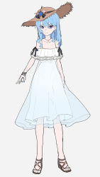 Rule 34 | 1girl, arms at sides, blue dress, blue hair, bracelet, closed mouth, dress, earrings, full body, gradient dress, grey background, hair down, hat, hat ornament, hololive, hoshimachi suisei, jewelry, long hair, looking at viewer, necklace, purple eyes, sandals, seashell, shell, simple background, smile, solo, spaghetti strap, star (symbol), star hat ornament, star necklace, starfish, straw hat, sundress, virtual youtuber, whitem (whiteemperor2020)