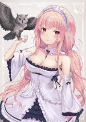 Rule 34 | 1girl, absurdres, artist name, azur lane, bare shoulders, bird, bird on hand, black dress, breasts, cleavage, detached collar, detached sleeves, dress, frilled dress, frilled hairband, frills, hairband, highres, large breasts, long hair, looking at viewer, owl, perseus (azur lane), pink eyes, pink hair, roty, simple background, solo, standing, twintails, two-tone dress, very long hair, white dress, wide sleeves