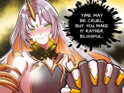 Rule 34 | 1girl, blush, breasts, english text, fire emblem, fire emblem heroes, gullveig (fire emblem), holding hands, large breasts, looking at viewer, medium breasts, mnejing30, nintendo, oni horn, orange hair, pale skin, tagme, white hair, yellow eyes