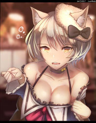 Rule 34 | 1girl, animal ears, bare shoulders, bow, breasts, cat ears, choker, cleavage, collarbone, erune, frills, granblue fantasy, grey hair, halterneck, heart, heart-shaped pupils, lao meng, long sleeves, looking at viewer, medium breasts, open mouth, short hair, smile, solo, sutera (granblue fantasy), symbol-shaped pupils, upper body, yellow eyes