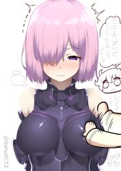 Rule 34 | 2girls, 3:, ^^^, armor, armored dress, arms at sides, arms behind back, batsu, blush, breasts, closed mouth, commentary request, embarrassed, fate/grand order, fate (series), fujimaru ritsuka (female), hair between eyes, hair over one eye, hand on breast, large breasts, light purple hair, looking down, mash kyrielight, motion lines, multiple girls, nose blush, open mouth, purple eyes, purple hair, riyo (lyomsnpmp) (style), short hair, simple background, solo focus, speech bubble, sweatdrop, triangle mouth, twitter username, upper body, white background